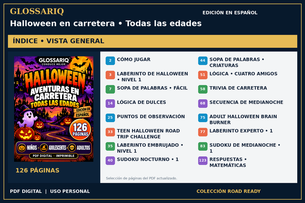 GLOSSARIQ Halloween en carretera • Todas las edades — edición en español — índice del PDF