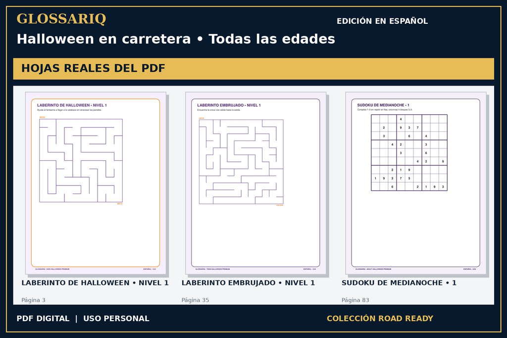 GLOSSARIQ Halloween en carretera • Todas las edades — edición en español — tres hojas reales del PDF