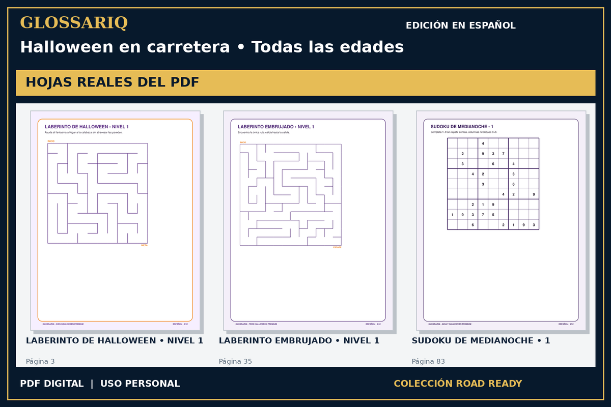 GLOSSARIQ Halloween en carretera • Todas las edades — edición en español — tres hojas reales del PDF