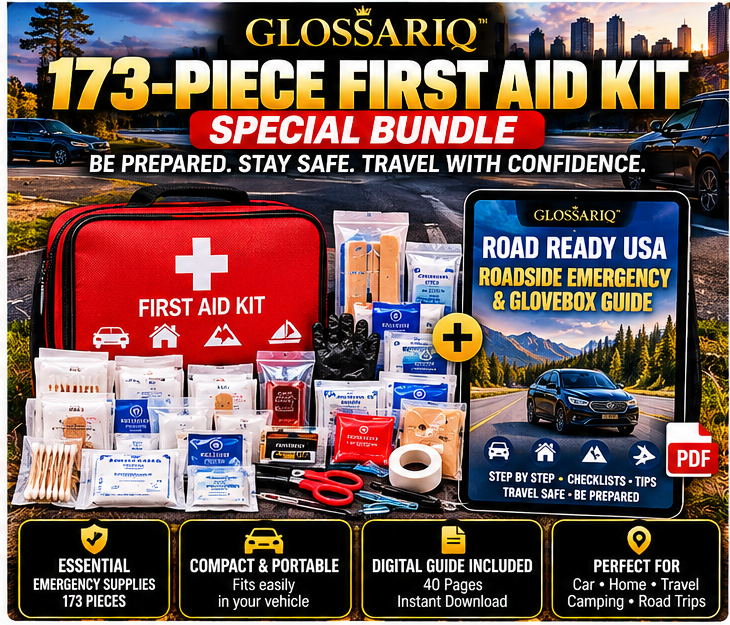 GLOSSARIQ 173-piece first aid kit and Road Ready USA roadside guide English bundle