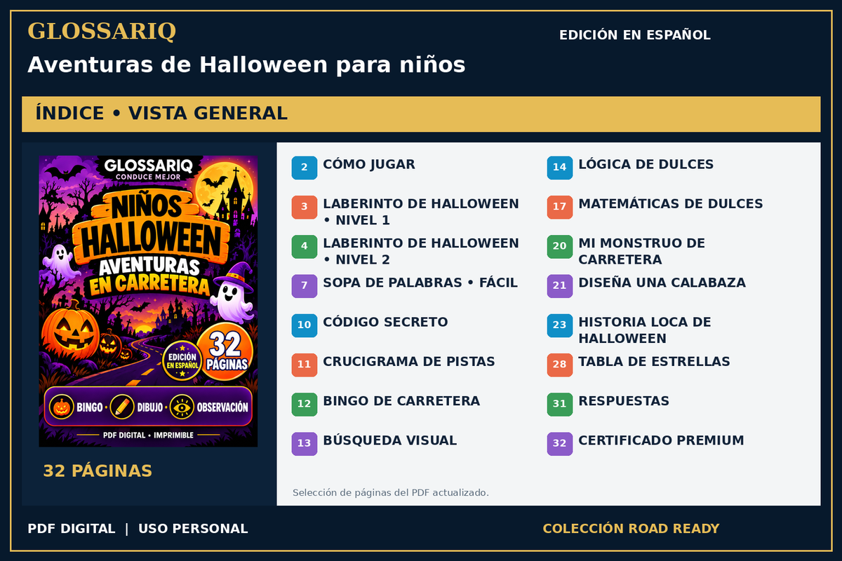 GLOSSARIQ Aventuras de Halloween para niños — edición en español — índice del PDF actualizado