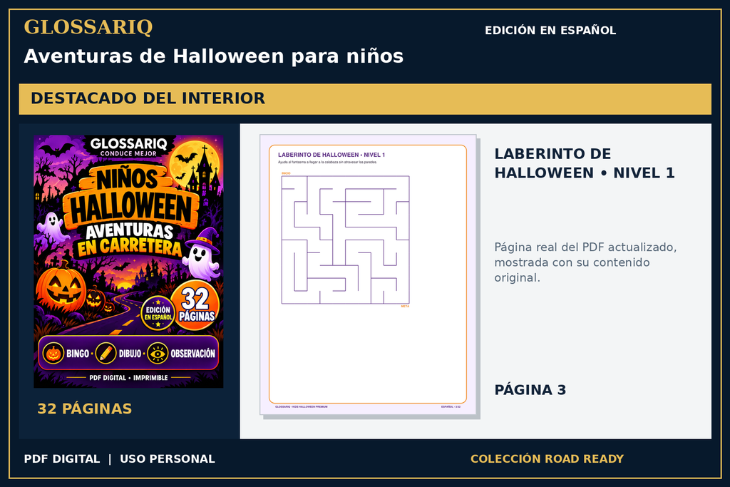 GLOSSARIQ Aventuras de Halloween para niños — edición en español — página real del interior actualizado