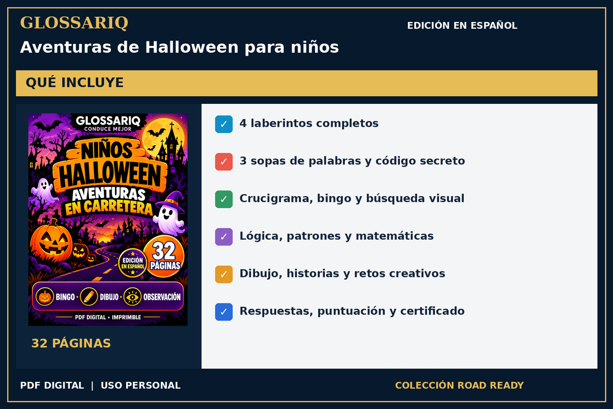 GLOSSARIQ Aventuras de Halloween para niños — edición en español — contenido incluido