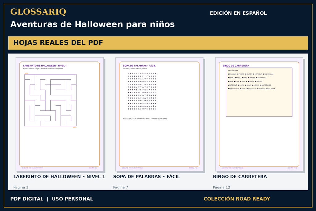 GLOSSARIQ Aventuras de Halloween para niños — edición en español — tres hojas reales del PDF corregido