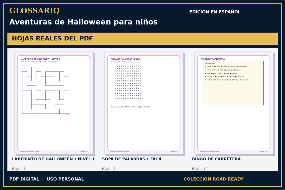 GLOSSARIQ Aventuras de Halloween para niños — edición en español — tres hojas reales del PDF corregido