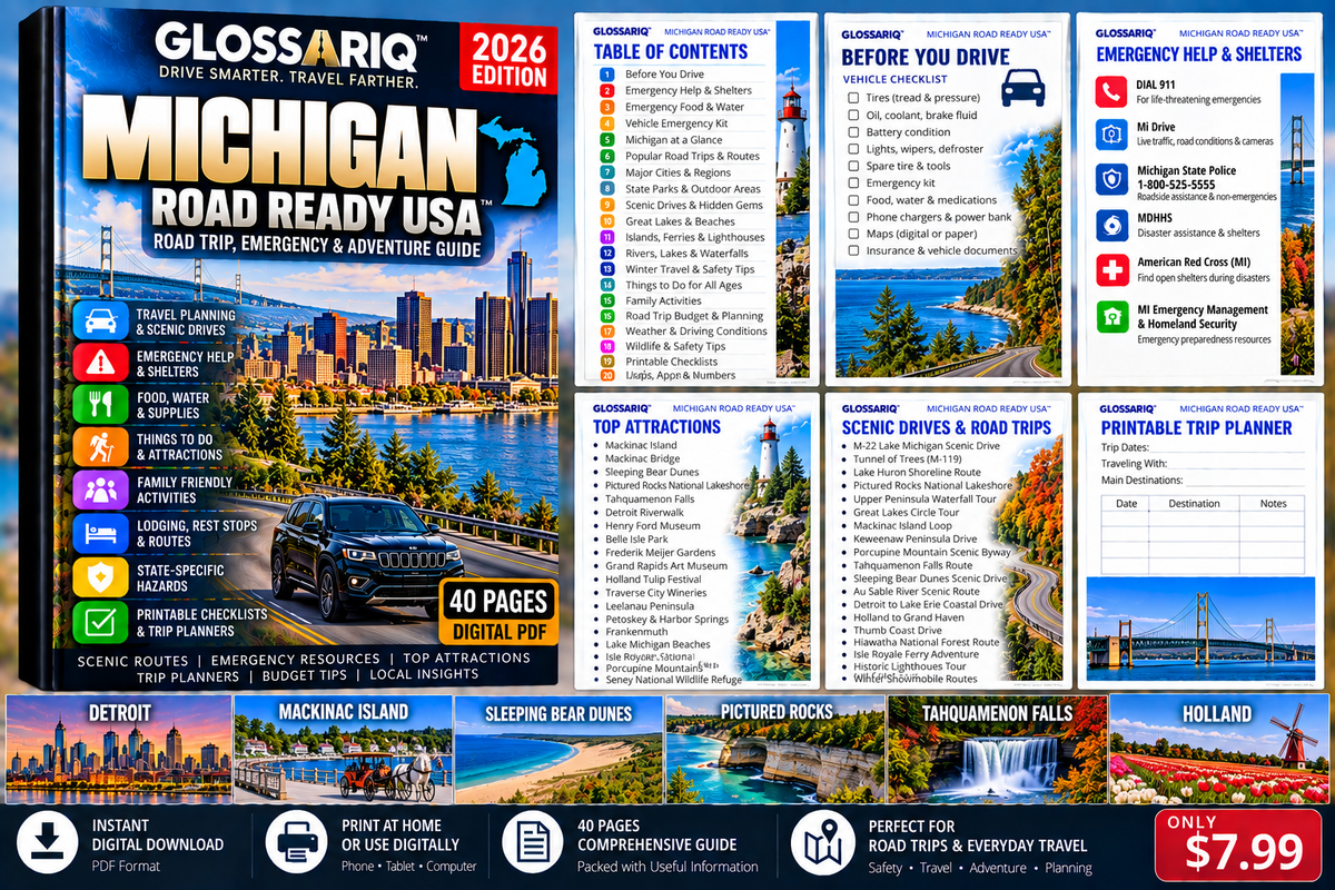 GLOSSARIQ Michigan Road Ready USA 2026 40-page digital road trip emergency and adventure guide