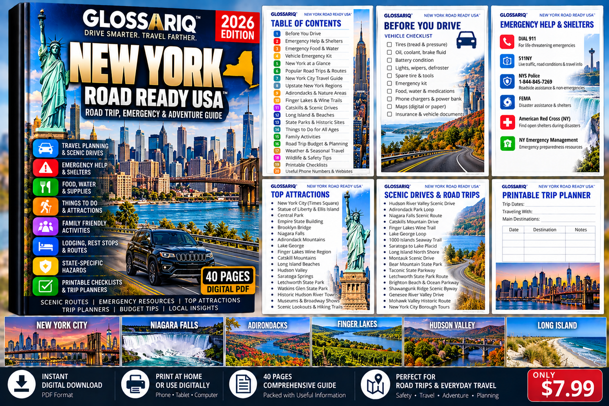 GLOSSARIQ New York Road Ready USA 2026 40-page digital road trip emergency and adventure guide
