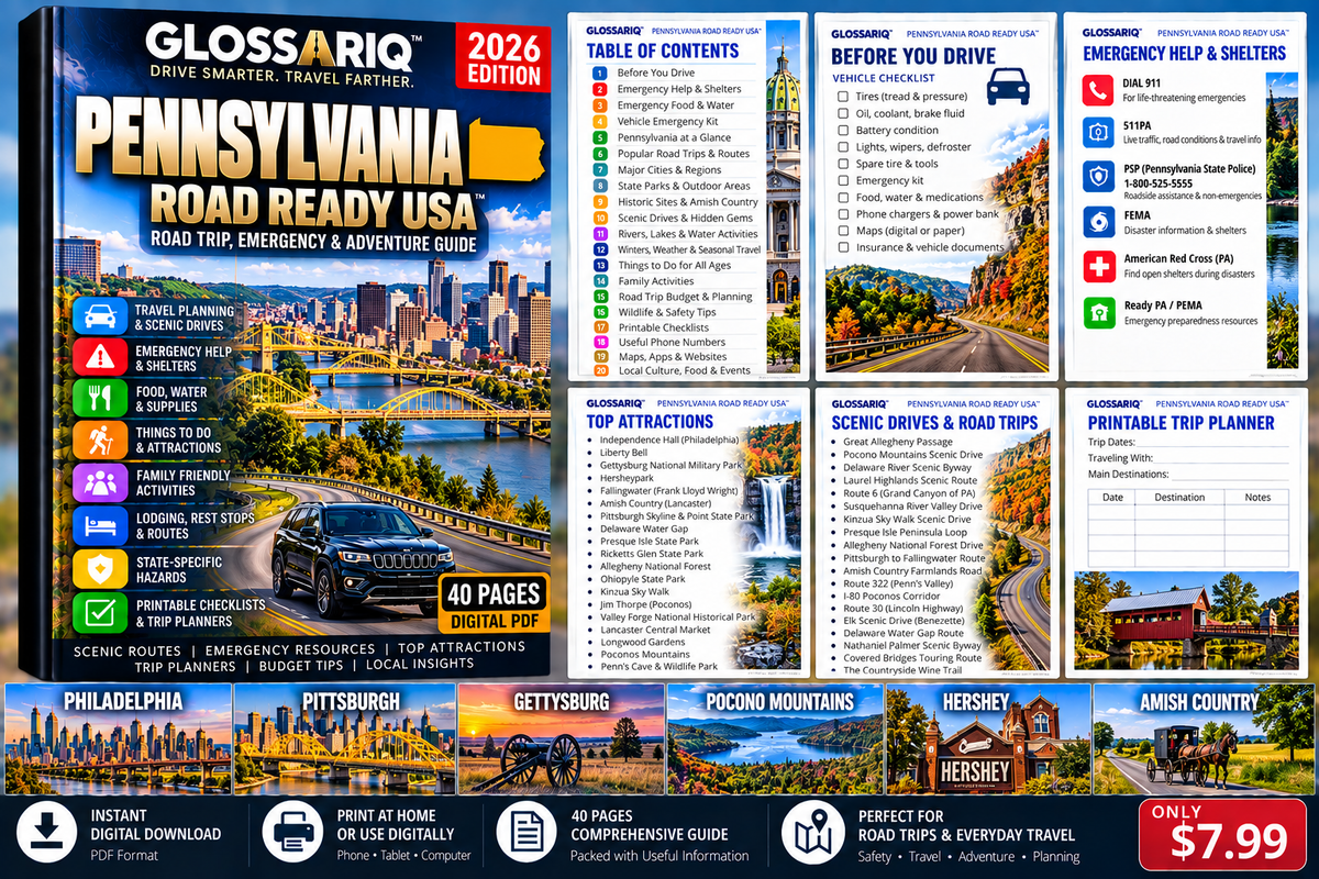 GLOSSARIQ Pennsylvania Road Ready USA 2026 40-page digital road trip emergency and adventure guide