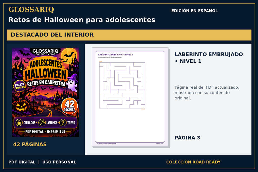 GLOSSARIQ Retos de Halloween para adolescentes — edición en español — página real del interior actualizado