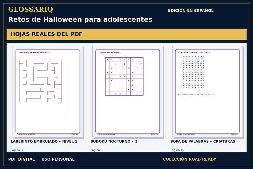 GLOSSARIQ Retos de Halloween para adolescentes — edición en español — tres hojas reales del PDF corregido