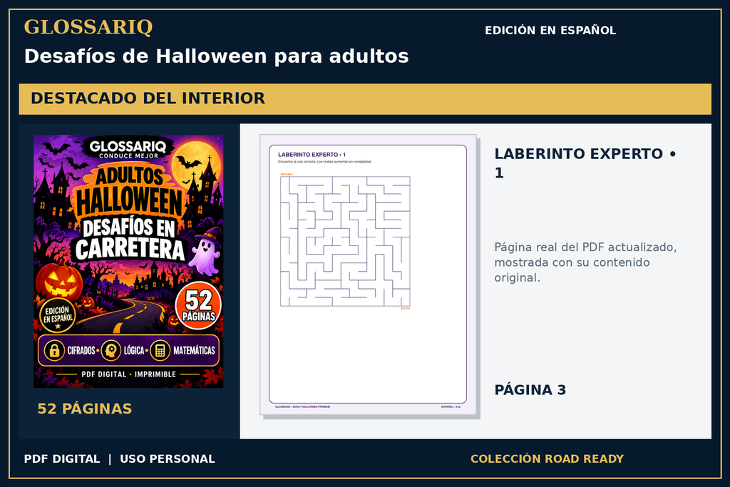 GLOSSARIQ Desafíos de Halloween para adultos — edición en español — página real del interior actualizado