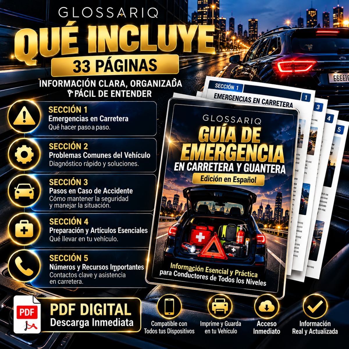 Qué incluye la Guía GLOSSARIQ de Emergencia en Carretera y Guantera en español