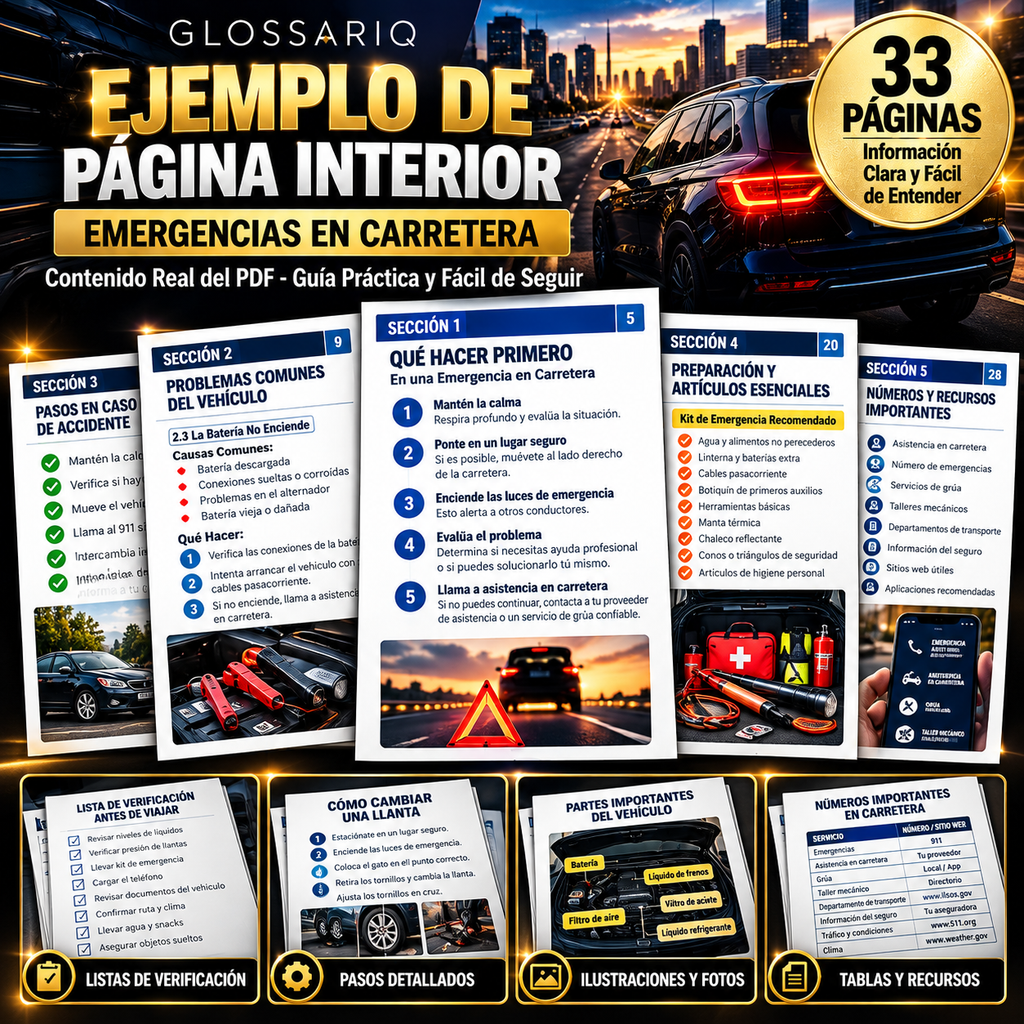 Vista de páginas interiores de la guía de emergencia en carretera GLOSSARIQ en español