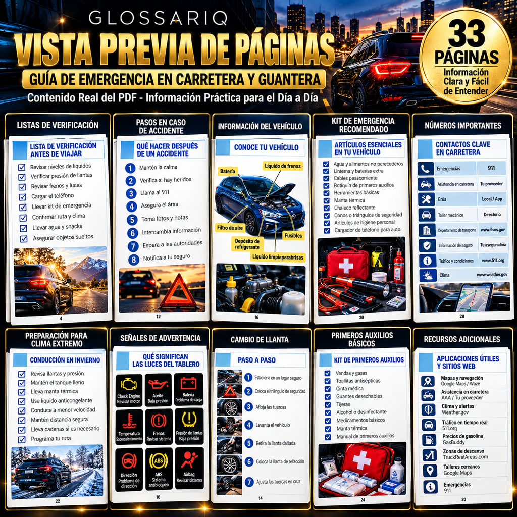 Vista previa de múltiples páginas y recursos de la guía GLOSSARIQ en español
