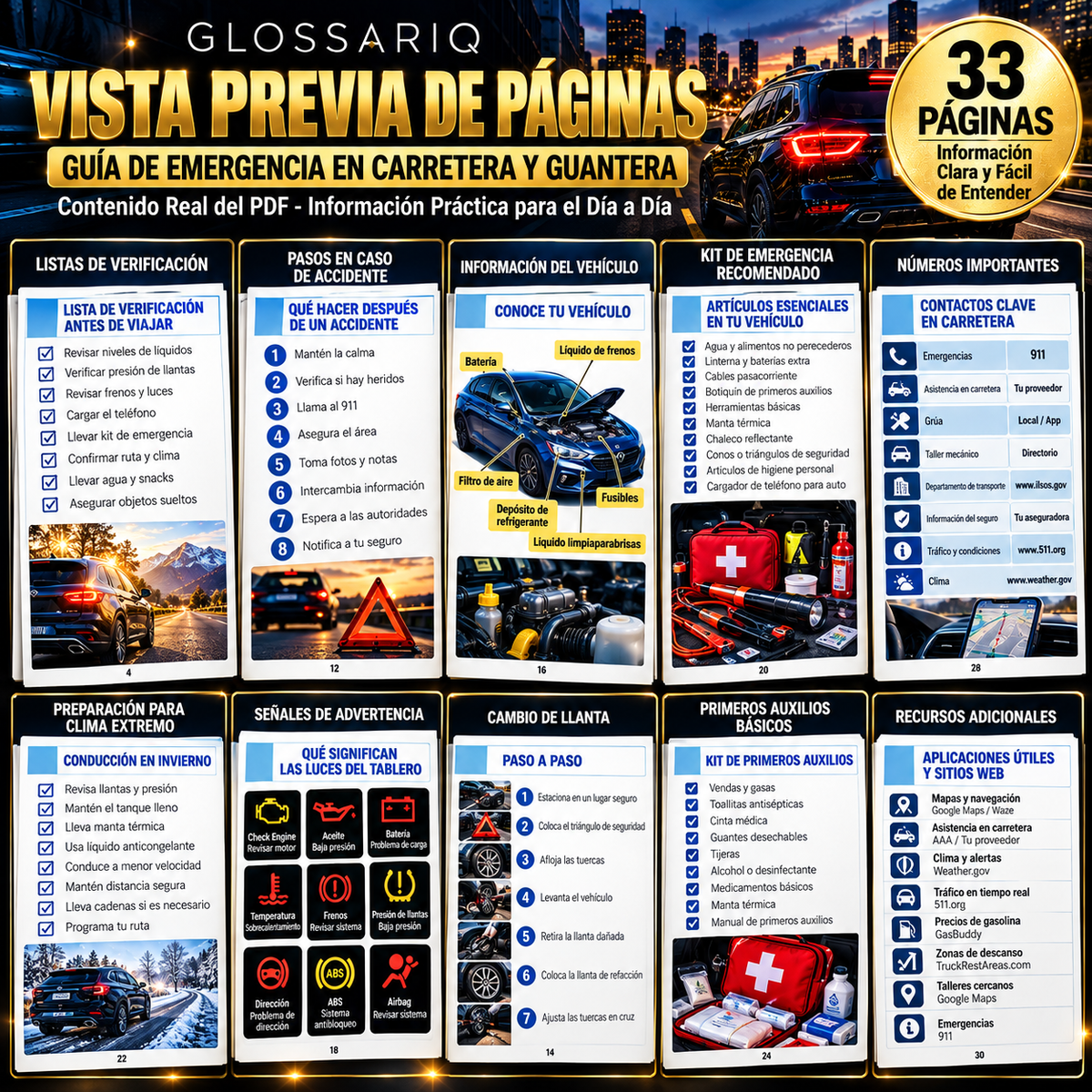Vista previa de múltiples páginas y recursos de la guía GLOSSARIQ en español