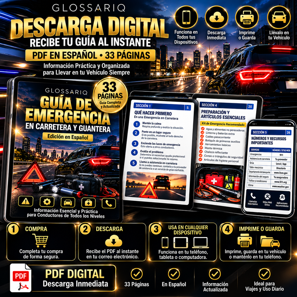 Descarga digital inmediata de la guía GLOSSARIQ en español para teléfono, tableta, computadora o impresión