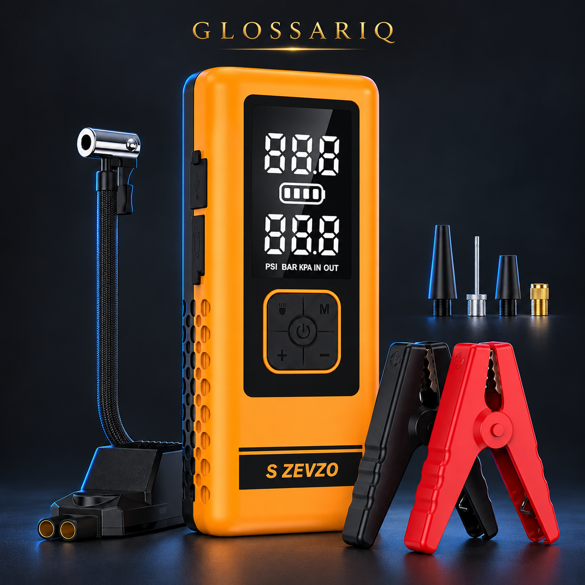 Orange S ZEVZO jump starter and tire inflator with clamps, hose and adapters — custom studio mockup