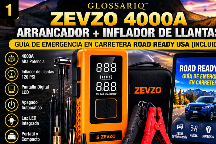 GLOSSARIQ S ZEVZO 4000A Jump Starter + Inflador + Guía de Emergencias — Español
