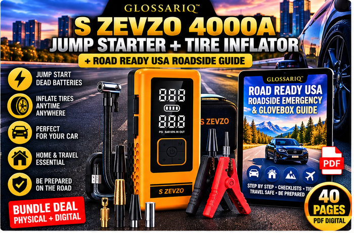 GLOSSARIQ S ZEVZO 4000A Jump Starter + Tire Inflator + Roadside Emergency & Glovebox Guide — English
