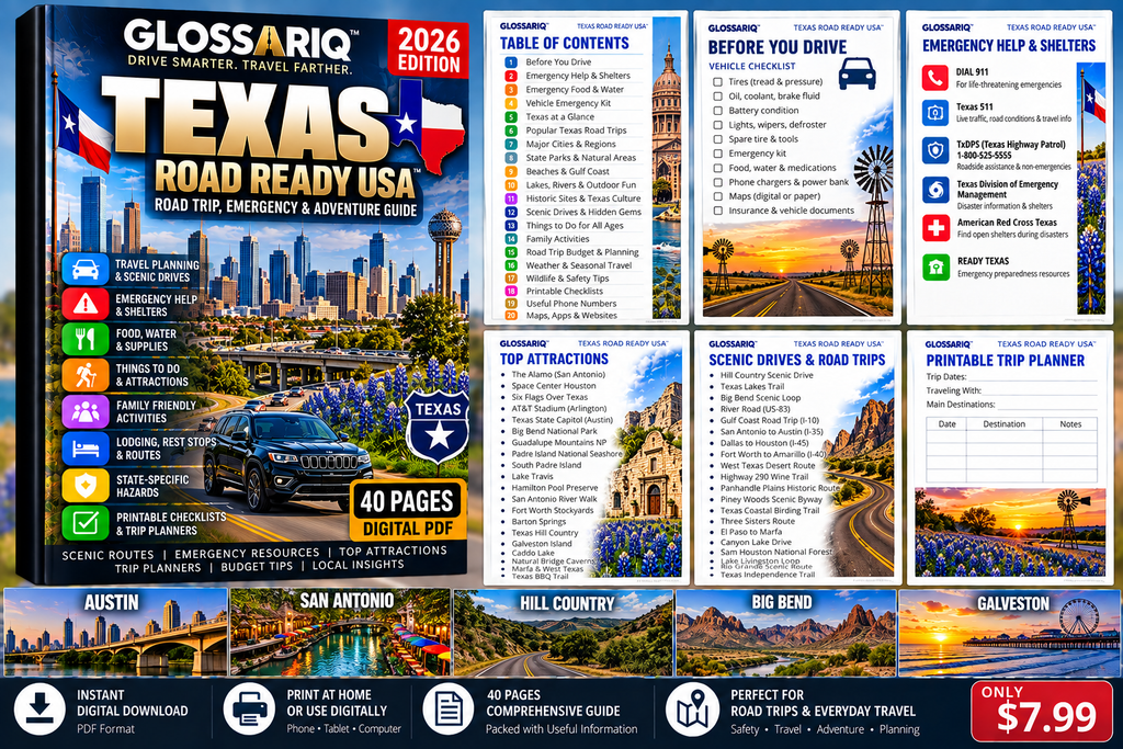 GLOSSARIQ Texas Road Ready USA 2026 40-page digital road trip emergency and adventure guide