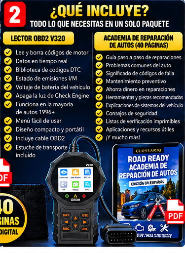 Contenido del paquete GLOSSARIQ V320 y Academia Road Ready DIY en español