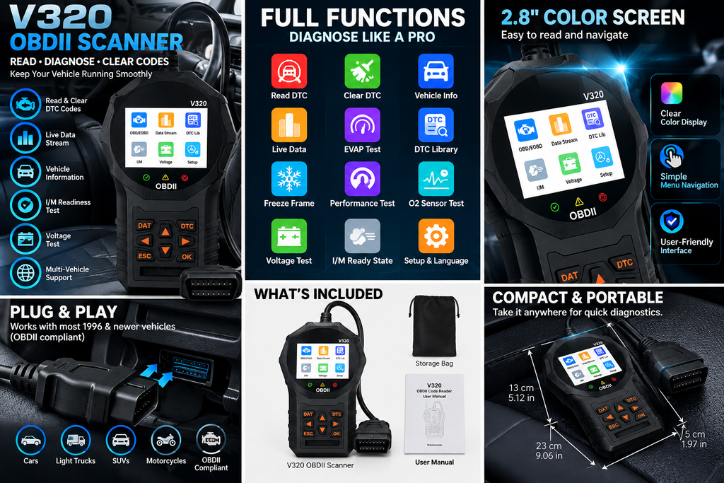 GLOSSARIQ V320 OBD2 diagnostic code reader features, color display, diagnostic functions and included accessories