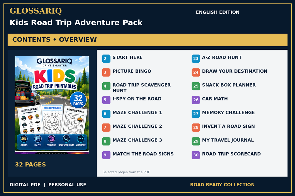 GLOSSARIQ Kids Road Trip Adventure Pack — English edition — PDF contents overview