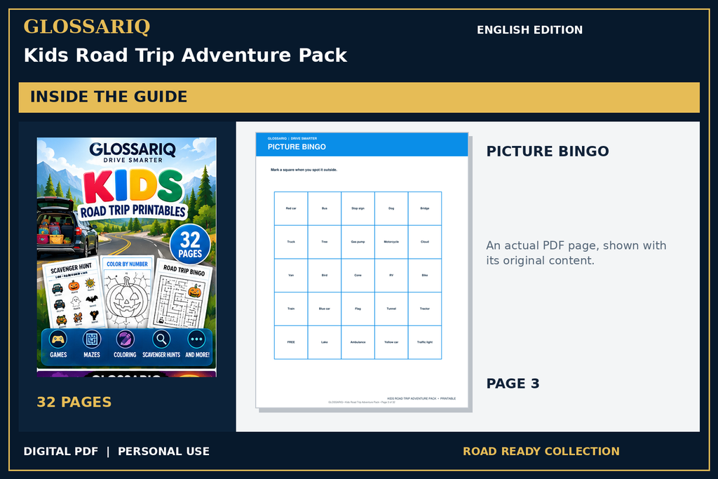 GLOSSARIQ Kids Road Trip Adventure Pack — English edition — actual interior page