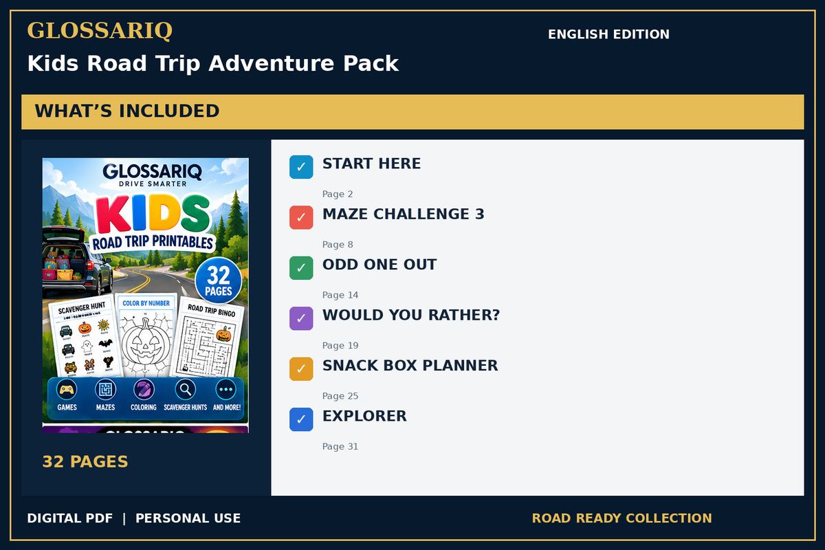 GLOSSARIQ Kids Road Trip Adventure Pack — English edition — included content