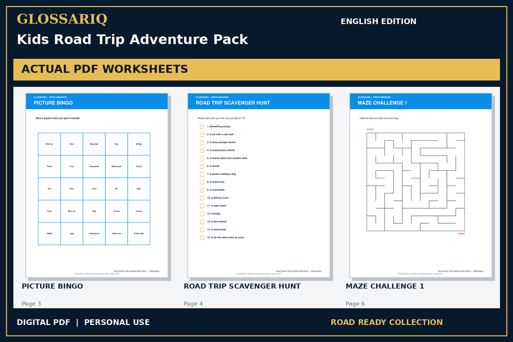 GLOSSARIQ Kids Road Trip Adventure Pack — English edition — three actual PDF worksheets