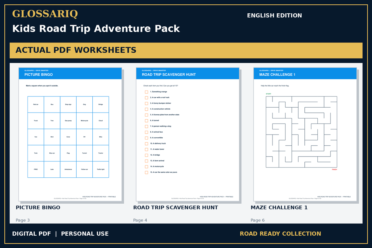 GLOSSARIQ Kids Road Trip Adventure Pack — English edition — three actual PDF worksheets