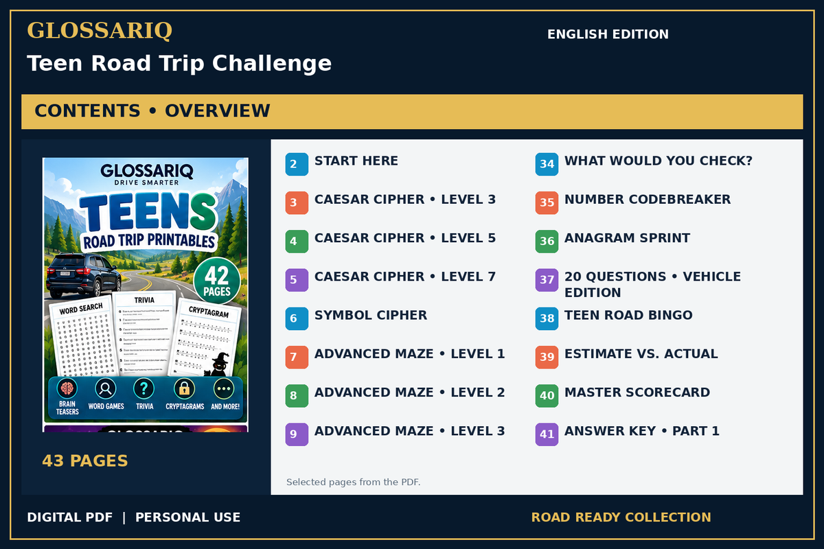 GLOSSARIQ Teen Road Trip Challenge — English edition — PDF contents overview