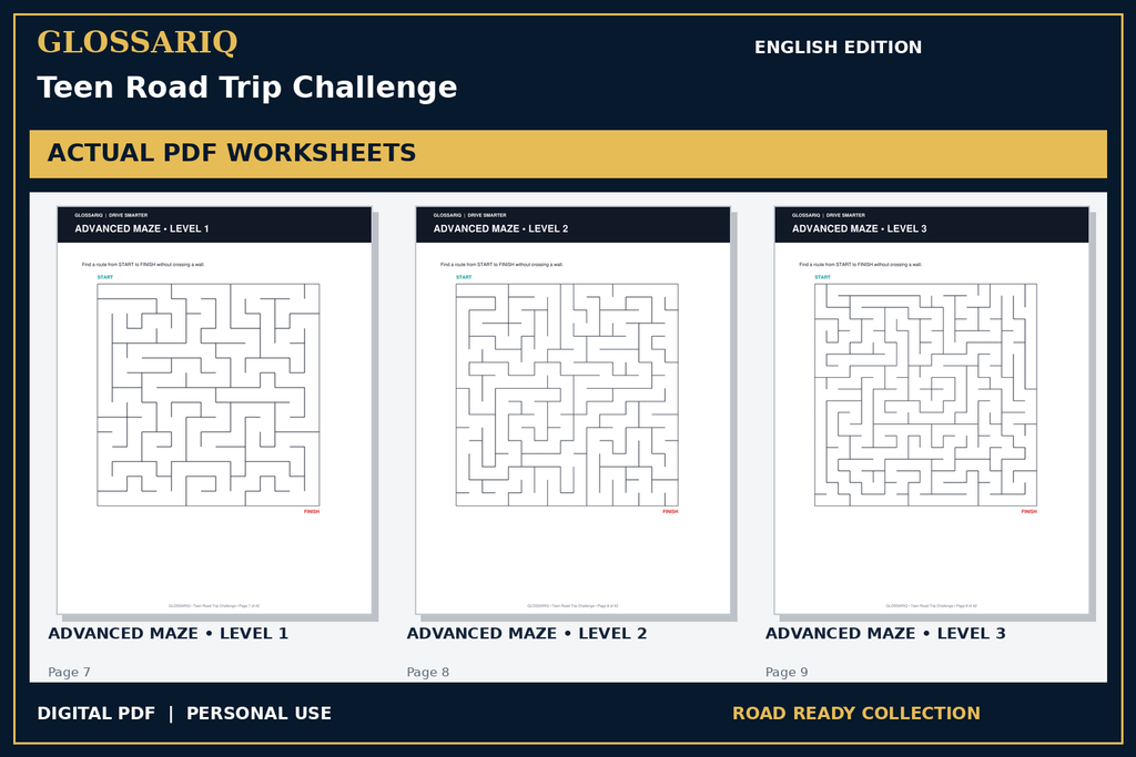 GLOSSARIQ Teen Road Trip Challenge — English edition — three actual PDF worksheets
