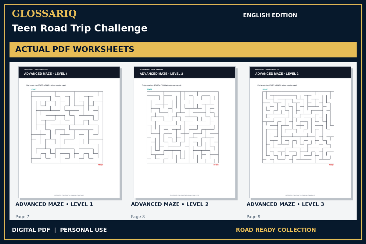 GLOSSARIQ Teen Road Trip Challenge — English edition — three actual PDF worksheets