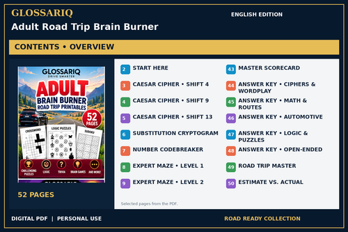 GLOSSARIQ Adult Road Trip Brain Burner — English edition — PDF contents overview