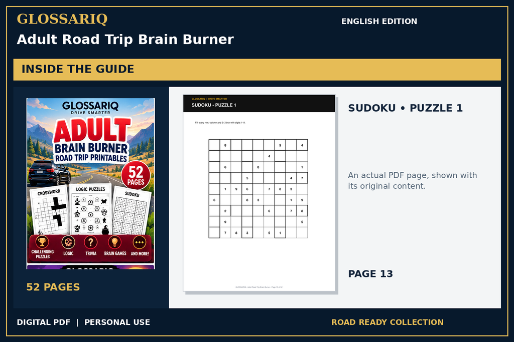 GLOSSARIQ Adult Road Trip Brain Burner — English edition — actual interior page