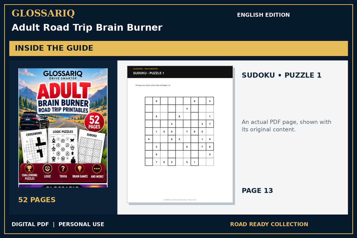 GLOSSARIQ Adult Road Trip Brain Burner — English edition — actual interior page
