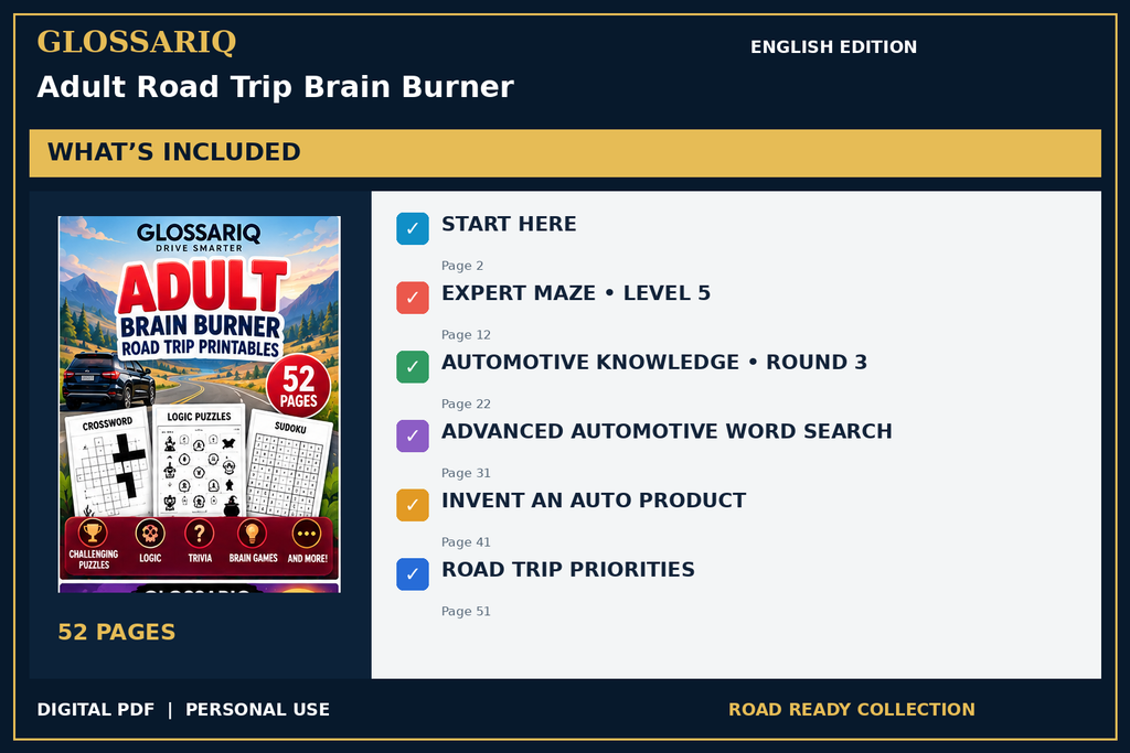 GLOSSARIQ Adult Road Trip Brain Burner — English edition — included content