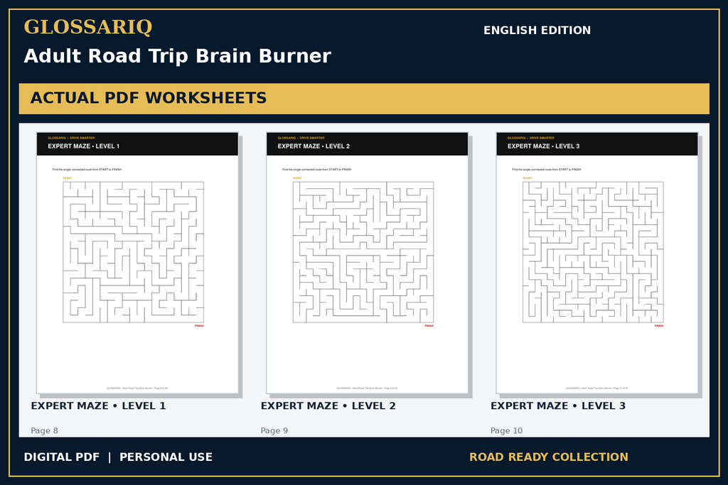 GLOSSARIQ Adult Road Trip Brain Burner — English edition — three actual PDF worksheets