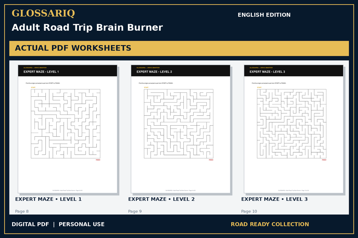 GLOSSARIQ Adult Road Trip Brain Burner — English edition — three actual PDF worksheets