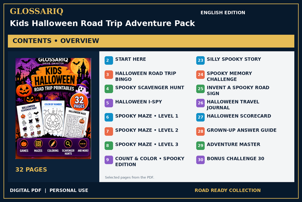 GLOSSARIQ Kids Halloween Road Trip Adventure Pack — English edition — PDF contents overview