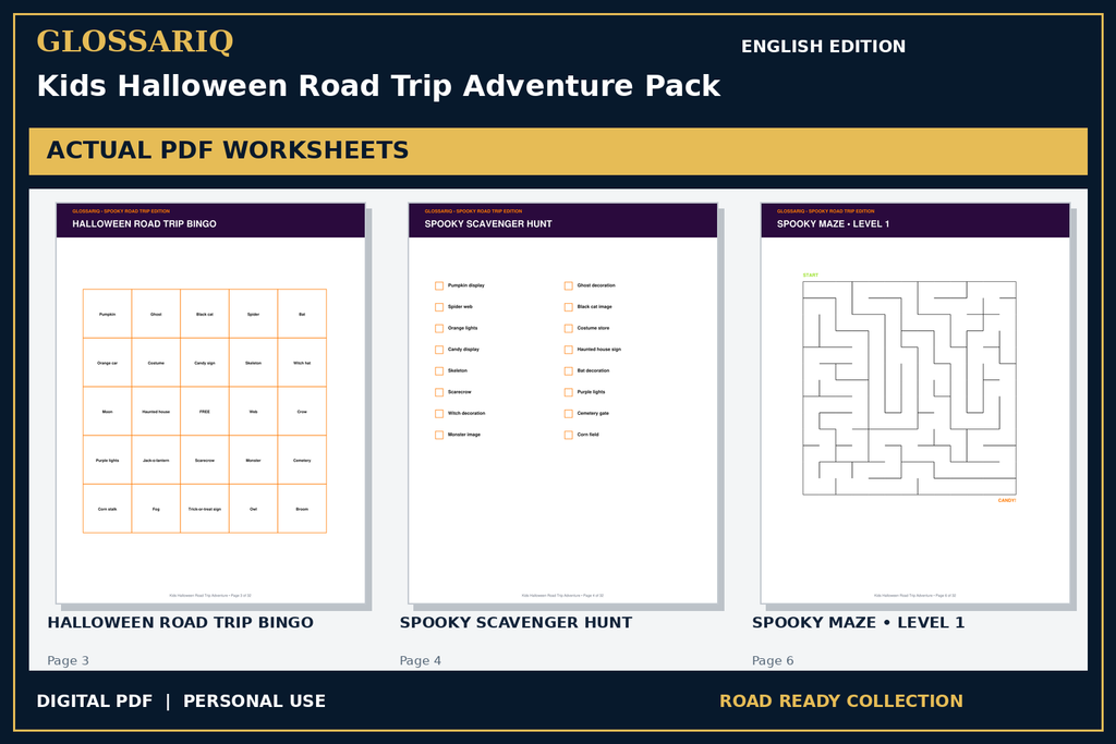 GLOSSARIQ Kids Halloween Road Trip Adventure Pack — English edition — three actual PDF worksheets