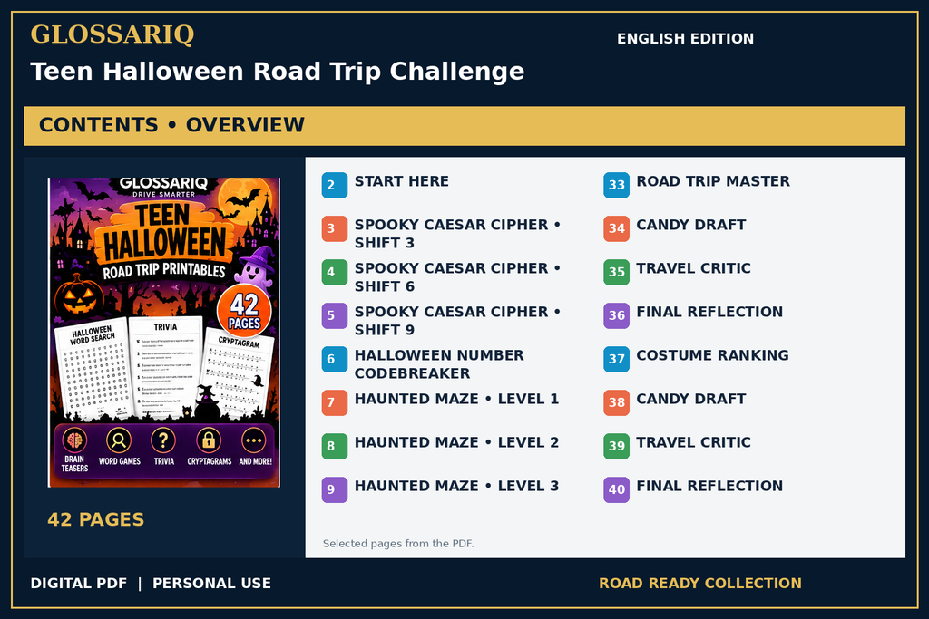 GLOSSARIQ Teen Halloween Road Trip Challenge — English edition — PDF contents overview