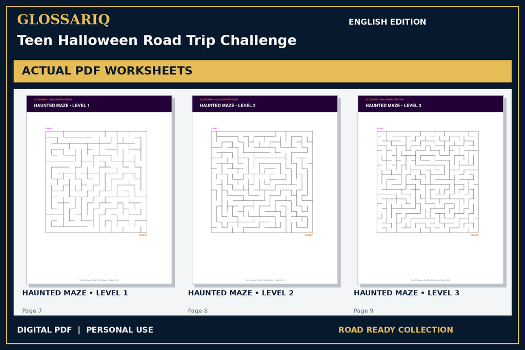 GLOSSARIQ Teen Halloween Road Trip Challenge — English edition — three actual PDF worksheets