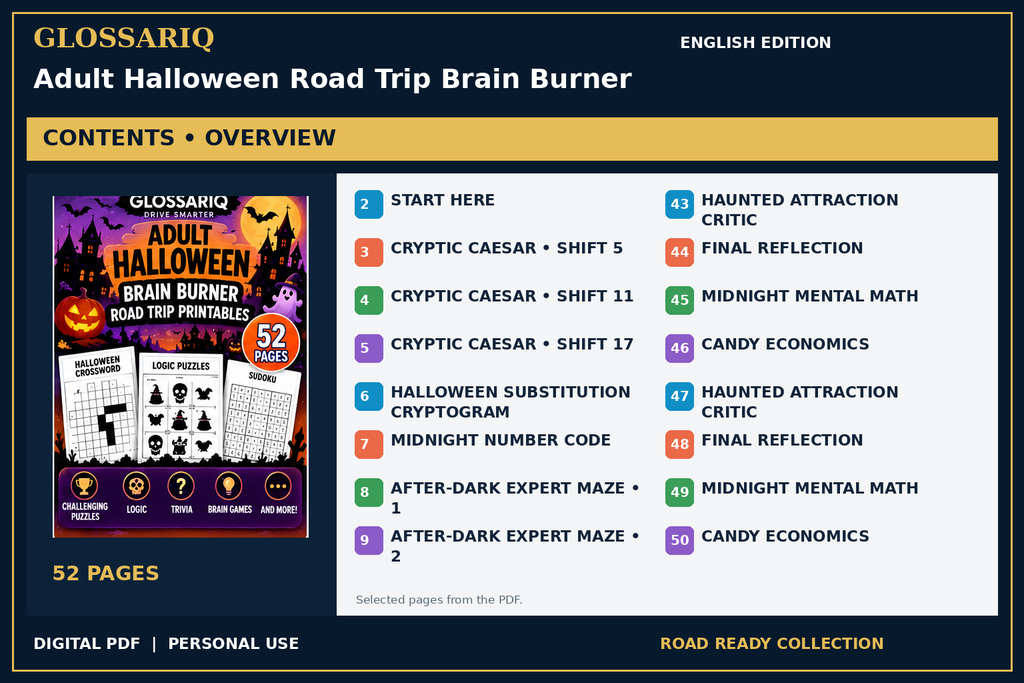 GLOSSARIQ Adult Halloween Road Trip Brain Burner — English edition — PDF contents overview