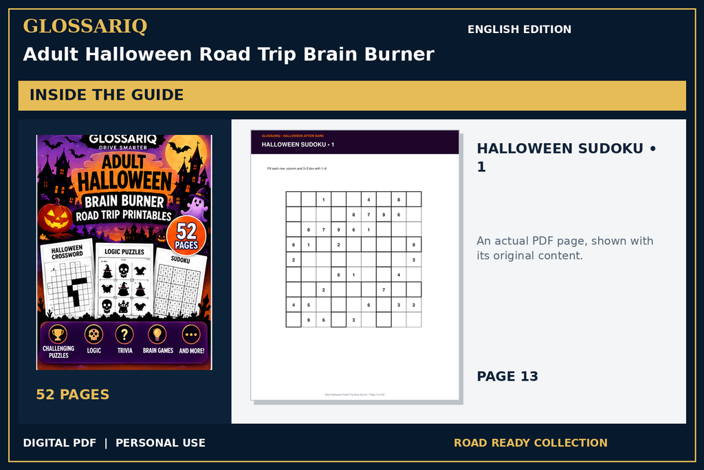 GLOSSARIQ Adult Halloween Road Trip Brain Burner — English edition — actual interior page