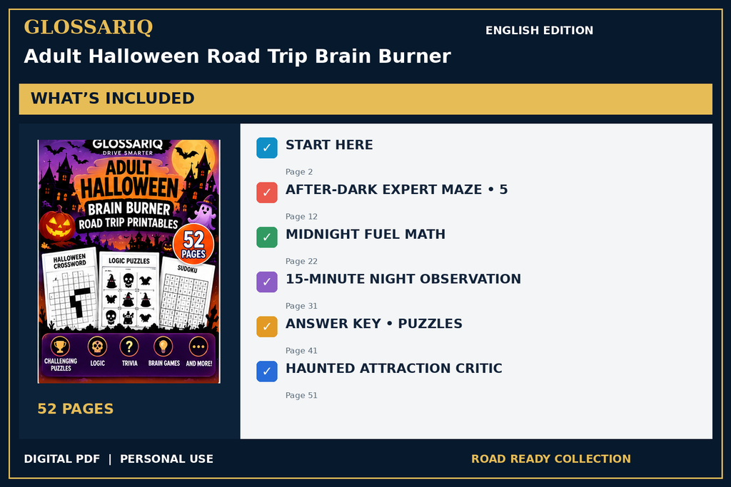 GLOSSARIQ Adult Halloween Road Trip Brain Burner — English edition — included content