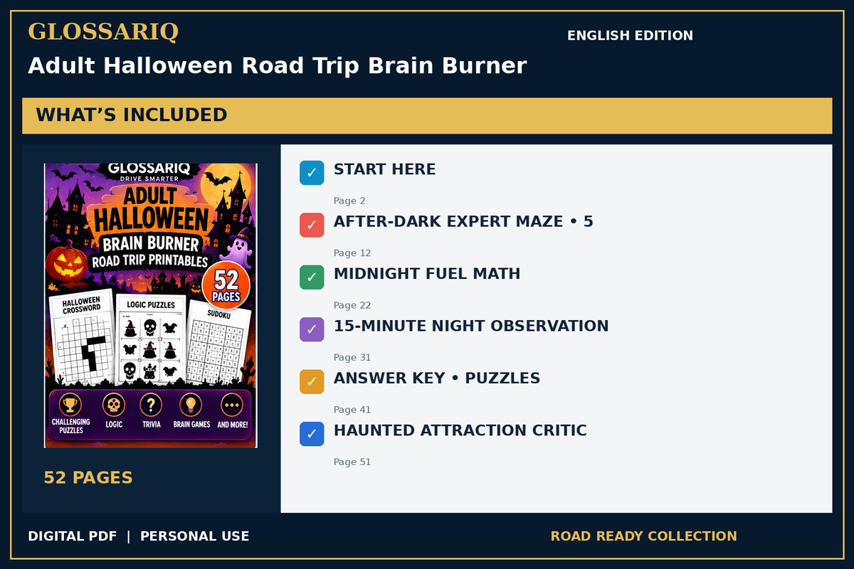 GLOSSARIQ Adult Halloween Road Trip Brain Burner — English edition — included content