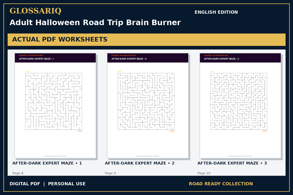 GLOSSARIQ Adult Halloween Road Trip Brain Burner — English edition — three actual PDF worksheets
