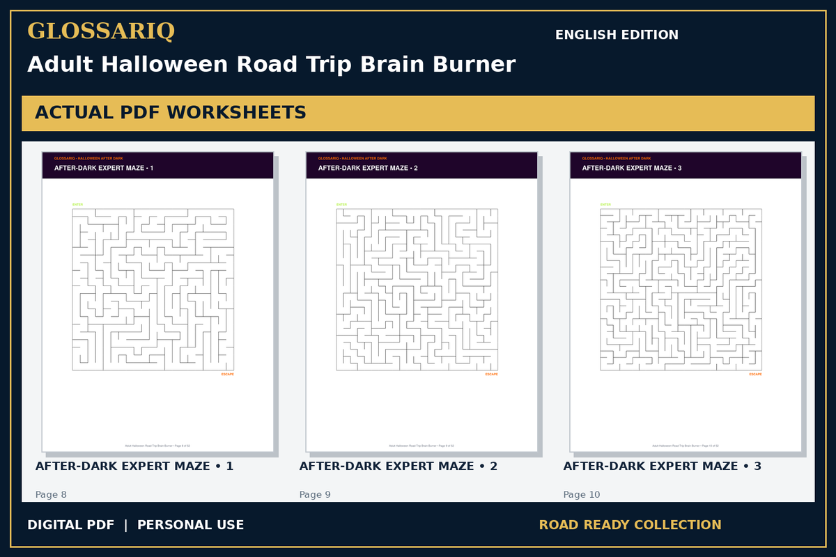 GLOSSARIQ Adult Halloween Road Trip Brain Burner — English edition — three actual PDF worksheets